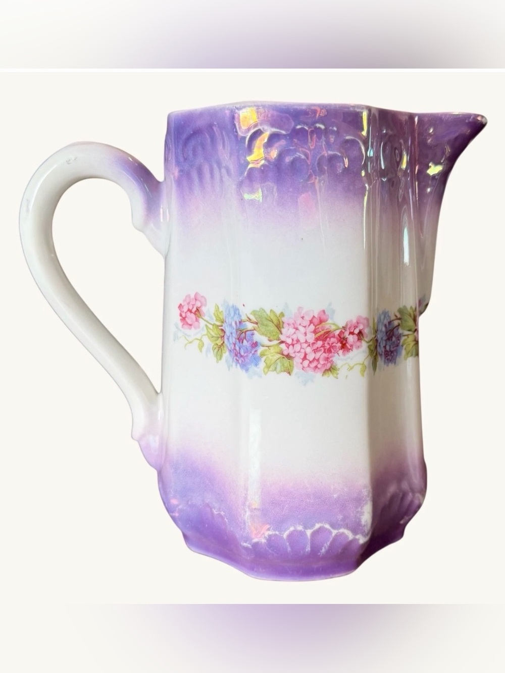 German Lusterware Pitcher 7” Purple Iridescent Floral Vintage